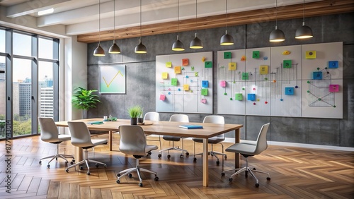 Modern collaborative office wall covered in gray magnetic whiteboard paint with colorful notes, diagrams, and charts, surrounded by sleek wooden tables and chairs.