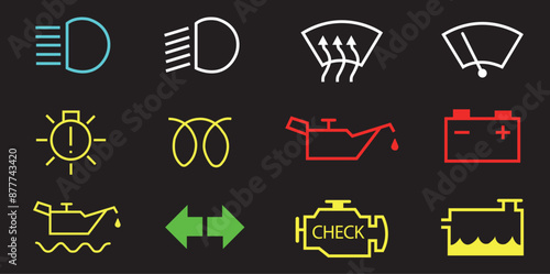 Veichle dashboard lights, car fault lights, veichle dashboard light icon set vector