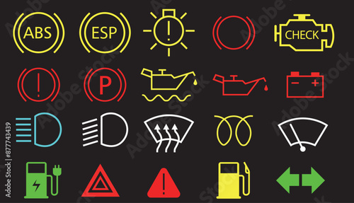 Veichle dashboard lights, car fault lights, veichle dashboard light icon set vector