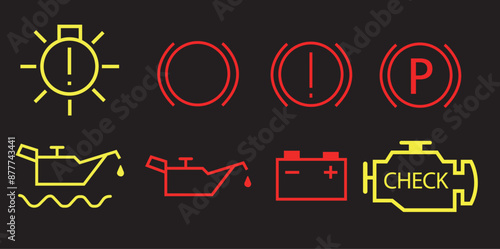 Veichle dashboard lights, car fault lights, veichle dashboard light icon set vector photo