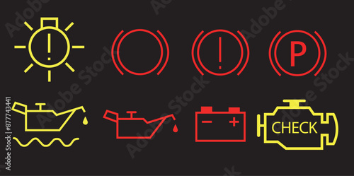 Veichle dashboard lights, car fault lights, veichle dashboard light icon set vector