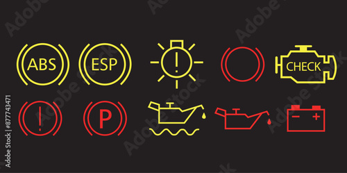 Veichle dashboard lights, car fault lights, veichle dashboard light icon set vector