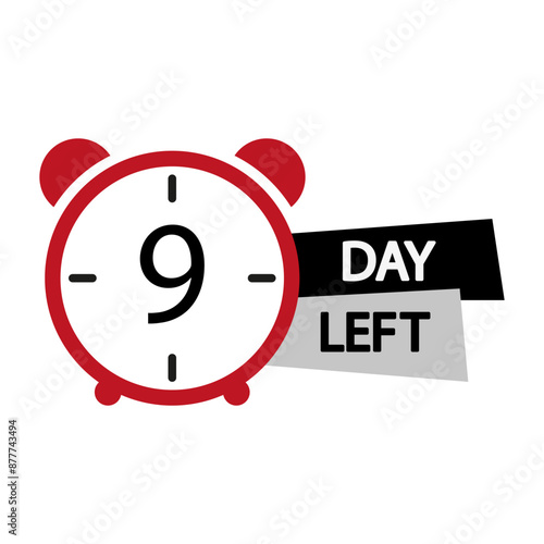 Clock countdown icon. Red alarm clock. Nine days left. Bold text vector.