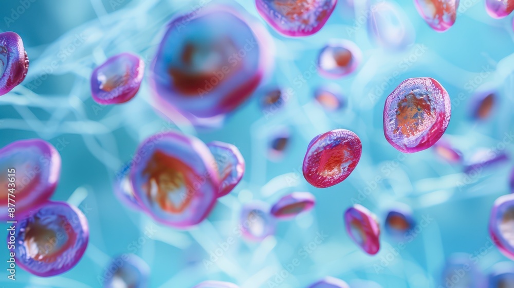 Microscopic View of Pink and Orange Cells Floating in Blue Liquid Microscopic View of Pink and Orange Cells Floating in Blue Liquid