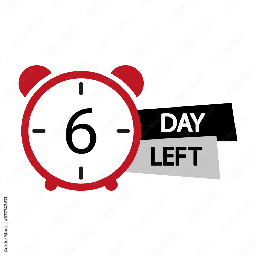 Clock icon. Six days left. Red and black. Vector illustration. Clock icon. Six days left. Red and black. Vector illustration.