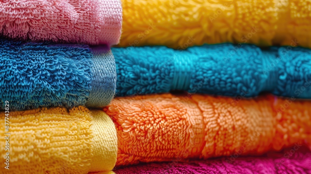Vibrant towels in a neat pile close up photo