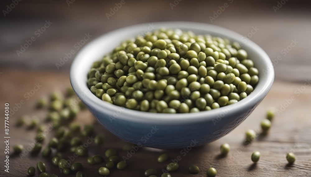 close up of raw mung bean in a bowl on wooden table background