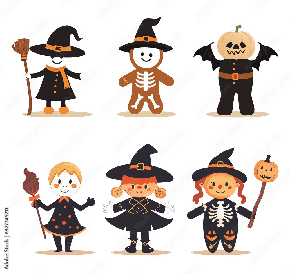Group of children in Halloween costumes isolated on transparent background, png. Group of children in Halloween costumes isolated on transparent background, png.