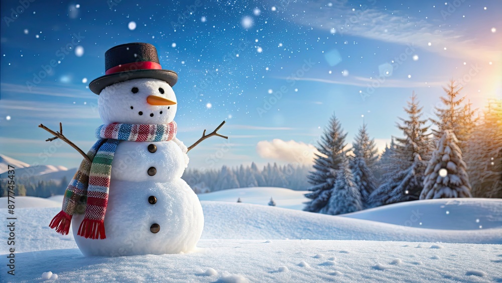 Fototapeta premium Snowman standing tall on a snowy landscape with a carrot nose and scarf, snow, winter, cold, festive, decoration, holiday, frosty, white