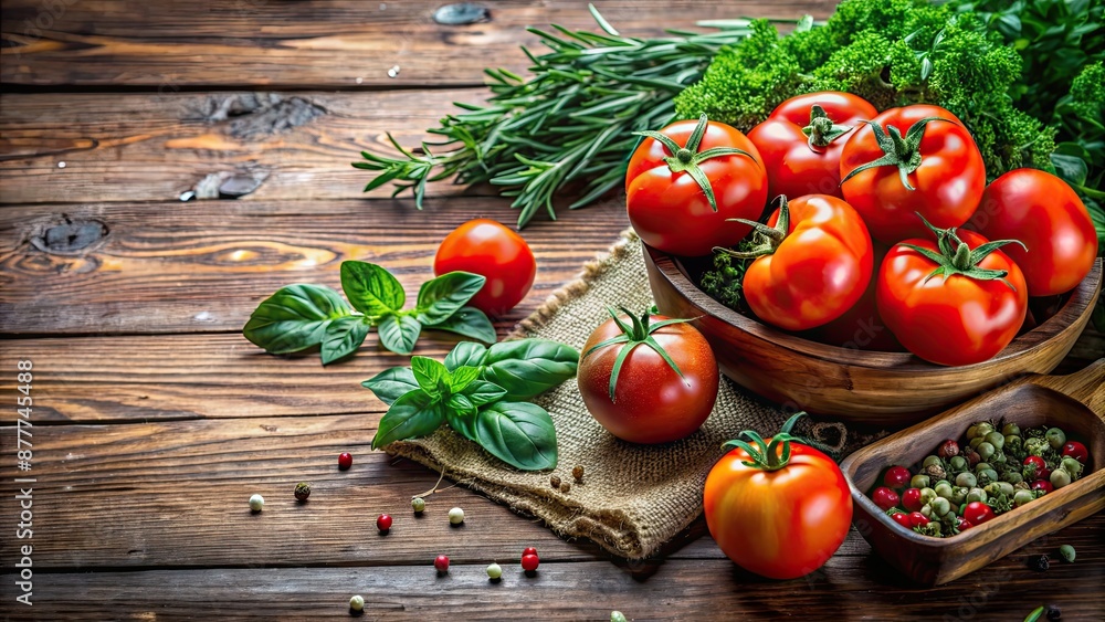 Fresh ripe tomatoes and aromatic herbs on a wooden table , organic, farm fresh, vibrant colors, garden, healthy Fresh ripe tomatoes and aromatic herbs on a wooden table , organic, farm fresh, vibrant colors, garden, healthy