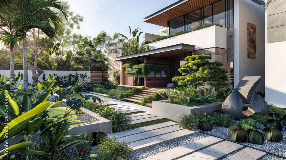 Modern suburban house with a dual-level garden featuring sculptural elements and a variety of plants that create a serene outdoor space Modern suburban house with a dual-level garden featuring sculptural elements and a variety of plants that create a serene outdoor space