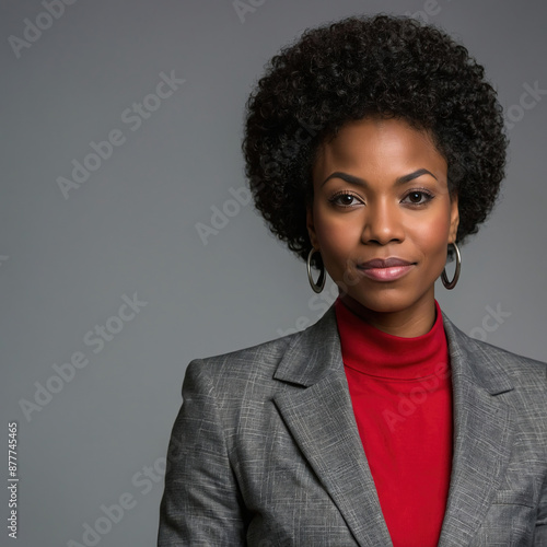 portrait of a beautiful professional african American woman in business casual on a grey background diversity empowerment she has an afro 