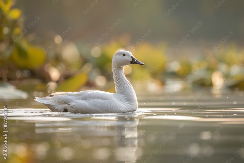 Fototapeta premium Full body view of Ross's Goose swimming in lake natural habitat, full body shot, full body View