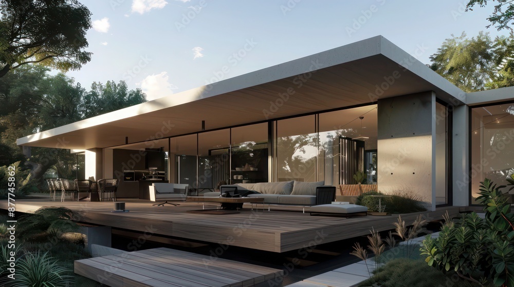 Modern suburban house with a minimalist fa? section ade and an expansive deck area designed for seamless indoor-outdoor living Modern suburban house with a minimalist fa? section ade and an expansive deck area designed for seamless indoor-outdoor living