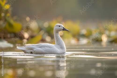 Full body view of Ross's Goose swimming in lake natural habitat, full body shot, full body View photo