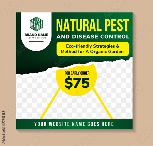 Social media post design template for natural pest and disease control service promotion. green gradient background with abstract yellow shape and place for the photo space.
