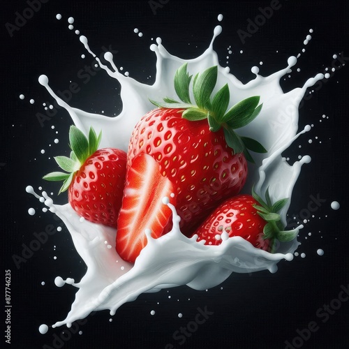 Dynamic interaction of a fresh strawberry with milk or yogurt splash, dropping strawberry into milk isolated on a black background 