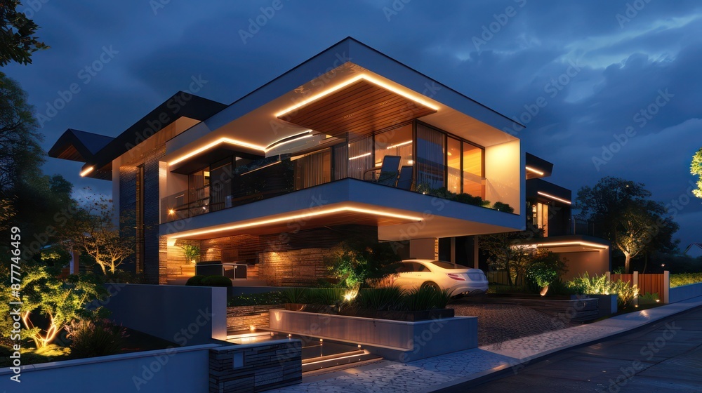 Nighttime view of a suburban house with a dynamic modern design, featuring sharp angles and warm, inviting lights Nighttime view of a suburban house with a dynamic modern design, featuring sharp angles and warm, inviting lights