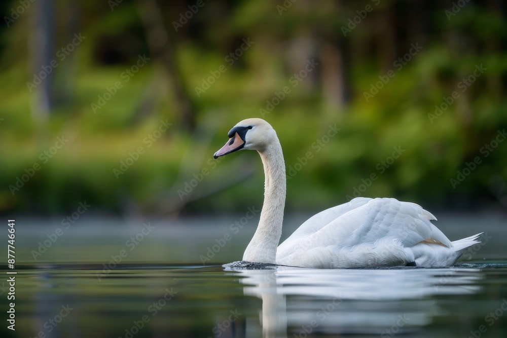 Full body view of Trumpeter Swan swimming in lake natural habitat, full body shot, full body View Full body view of Trumpeter Swan swimming in lake natural habitat, full body shot, full body View