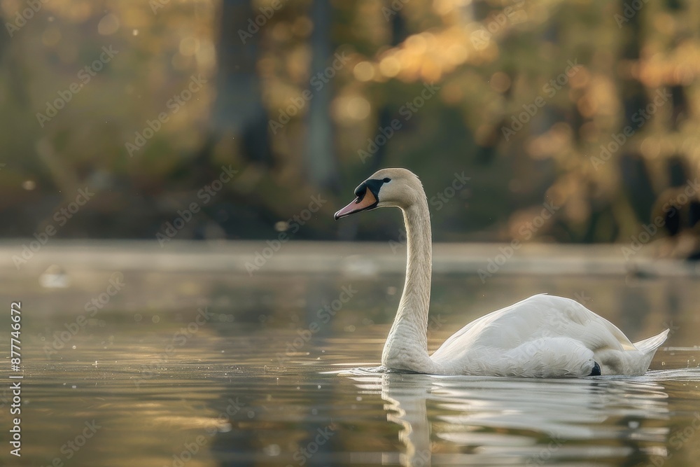 Fototapeta premium Full body view of Trumpeter Swan swimming in lake natural habitat, full body shot, full body View
