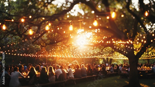 Fototapeta Naklejka Na Ścianę i Meble -  blur people picnic in a public Park with family or friends. the food festival at night