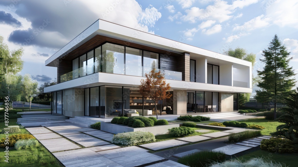 Suburban contemporary home with a minimalist approach to landscaping, focusing on symmetry and clean lines Suburban contemporary home with a minimalist approach to landscaping, focusing on symmetry and clean lines