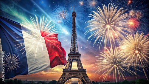 French flag and Eiffel Tower fireworks celebration, Bastille Day, France, holiday, national photo