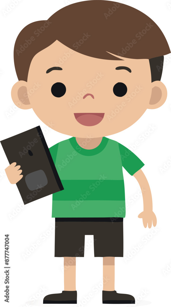 Illustration of a happy boy holding a tablet, wearing green shirt and shorts Illustration of a happy boy holding a tablet, wearing green shirt and shorts