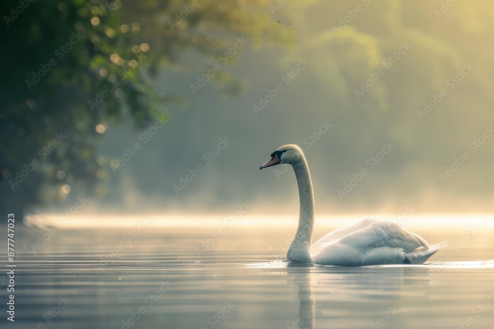 Full body view of Whistling Swan swimming in lake natural habitat, full body shot, full body View Full body view of Whistling Swan swimming in lake natural habitat, full body shot, full body View