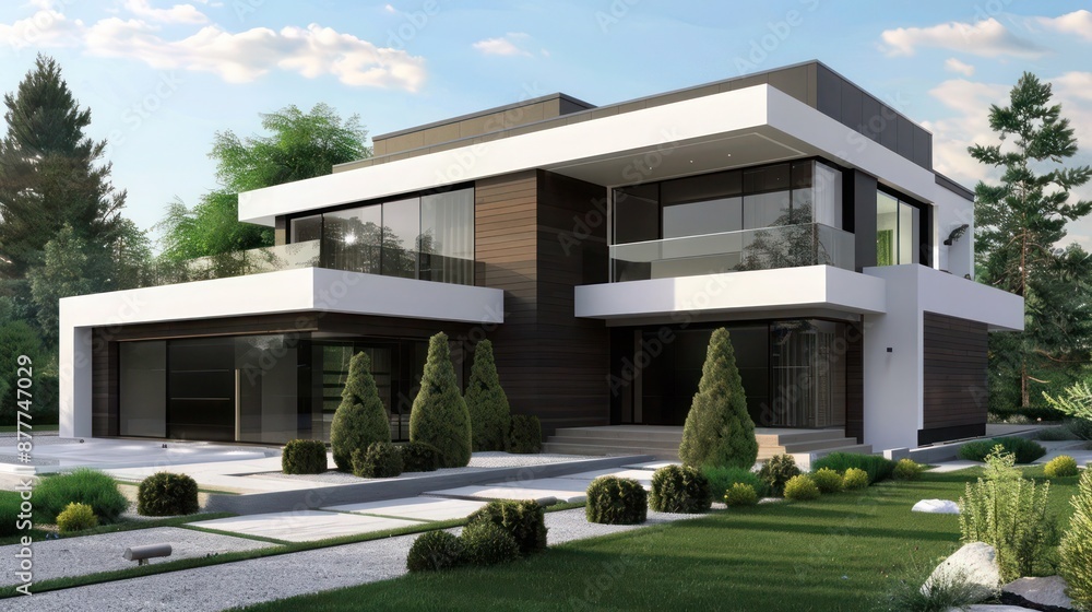 Suburban contemporary home with a minimalist approach to landscaping, focusing on symmetry and clean lines Suburban contemporary home with a minimalist approach to landscaping, focusing on symmetry and clean lines