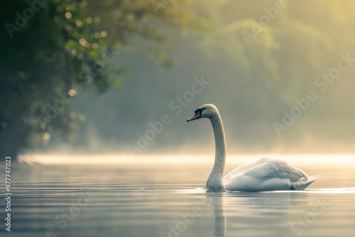 Full body view of Whistling Swan swimming in lake natural habitat, full body shot, full body View © Tebha Workspace