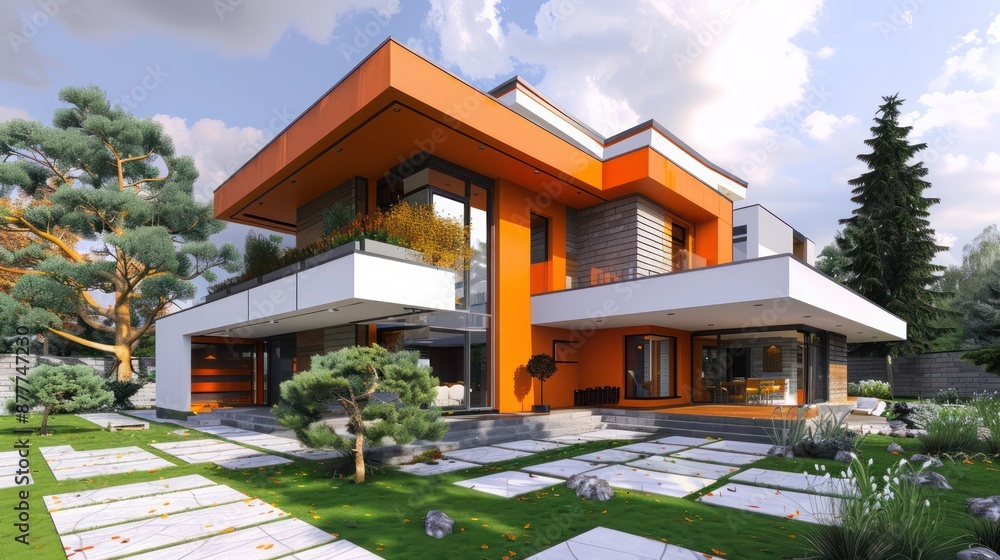 Suburban contemporary house with a bold, angular design and a color scheme that blends with the natural landscape Suburban contemporary house with a bold, angular design and a color scheme that blends with the natural landscape