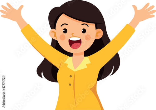 Happy cartoon woman with raised arms in celebration and excitement