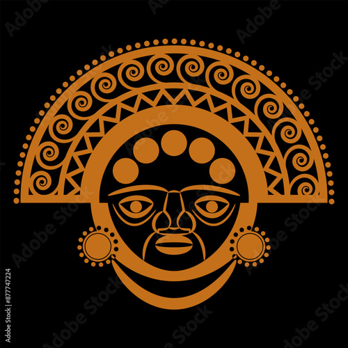 Peruvian ethnic motif. Indigenous human mask. Tumi symbol. Monochrome black and orange silhouette.