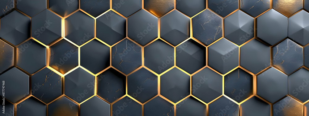 Abstract 3D hexagonal pattern with dark and golden hues, representing modern design and futuristic architecture. Abstract 3D hexagonal pattern with dark and golden hues, representing modern design and futuristic architecture.