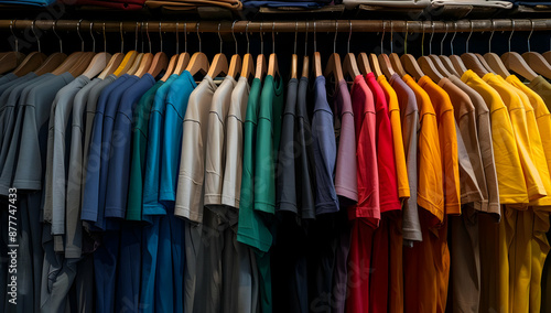 Wallpaper Mural A variety of colorful t-shirts hanging neatly on wooden hangers, showcasing different shades and styles in a clothing store. Torontodigital.ca