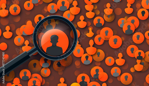 Abstract illustration of a magnifying glass focusing on a single person icon among many others, symbolizing recruitment or selection process.