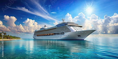 Giant cruise ship sailing in the tropical sea with clear blue skies , luxury, travel, vacation, tropical, leisure