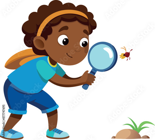 Curious child exploring nature with magnifying glass and discovering a bug
