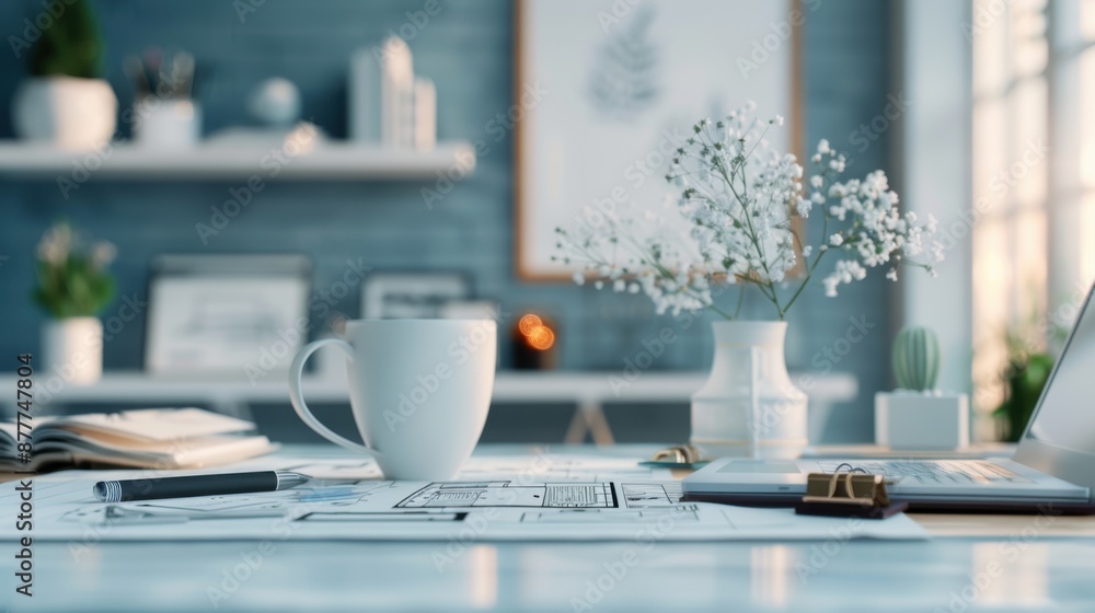 A cozy, modern desk setup with a laptop, coffee mug, and vase of flowers, perfect for a productive and serene workspace environment.
