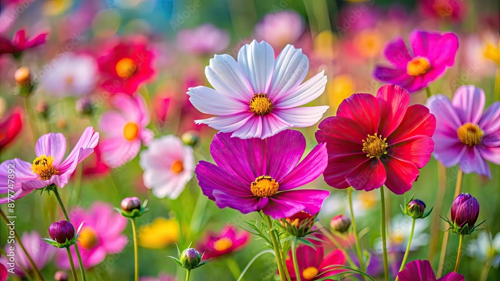 Close up of vibrant cosmos flowers in various colors, cosmos, flowers, close up, vibrant, colorful, nature, petals, blooms, garden Close up of vibrant cosmos flowers in various colors, cosmos, flowers, close up, vibrant, colorful, nature, petals, blooms, garden