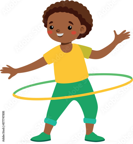 Happy child playing with a hula hoop and smiling