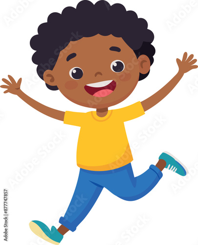 Happy child jumping with joy and excitement in cartoon illustration