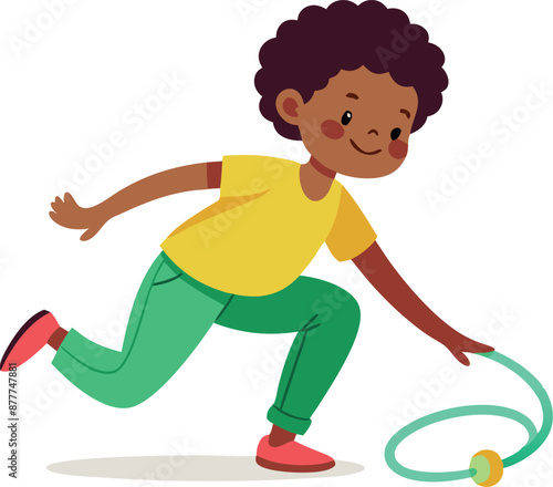 Happy child playing with hula hoop illustration. Smiling kid enjoying outdoor activity