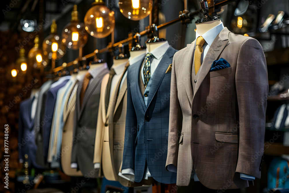 Elegant men's suits displayed on mannequins in a stylish boutique, showcasing various colors and professional tailoring under warm lighting. Elegant men's suits displayed on mannequins in a stylish boutique, showcasing various colors and professional tailoring under warm lighting.