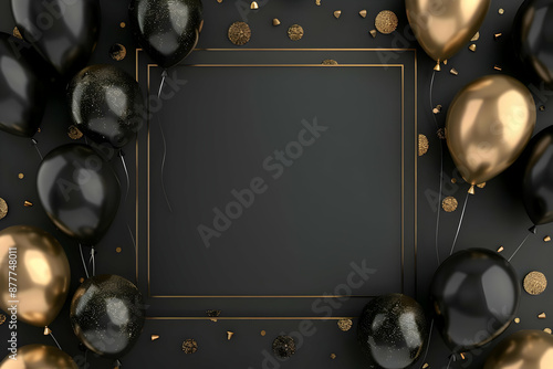 Elegant black and gold party background with balloons, confetti, and a blank frame perfect for celebrations and invitations.