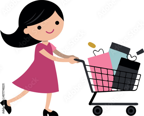 Cartoon woman shopping with a full cart filled with various items