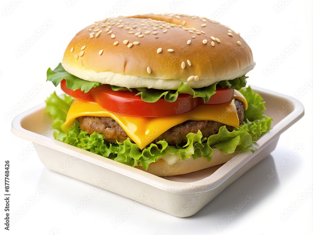 Freshly cooked cheeseburger with lettuce, tomato, and melted cheese, placed in a disposable white styrofoam box, isolated on a clean white background. Freshly cooked cheeseburger with lettuce, tomato, and melted cheese, placed in a disposable white styrofoam box, isolated on a clean white background.