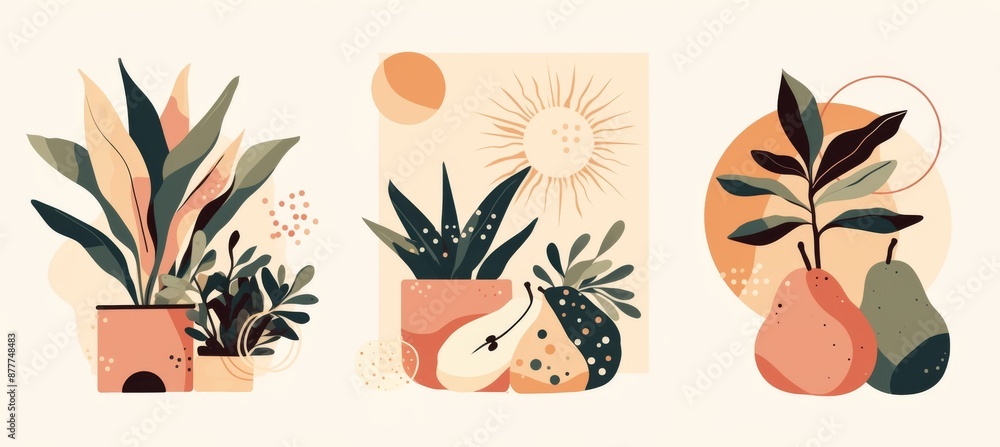 Abstract Shapes, Leopard Print, and Pear Illustration Set of Three Wall Art Prints Abstract Shapes, Leopard Print, and Pear Illustration Set of Three Wall Art Prints