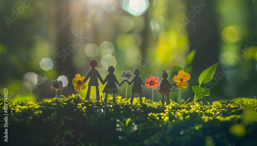 Paper cutout family holding hands on moss with flowers in a sunlit forest, representing unity, nature, and happiness.